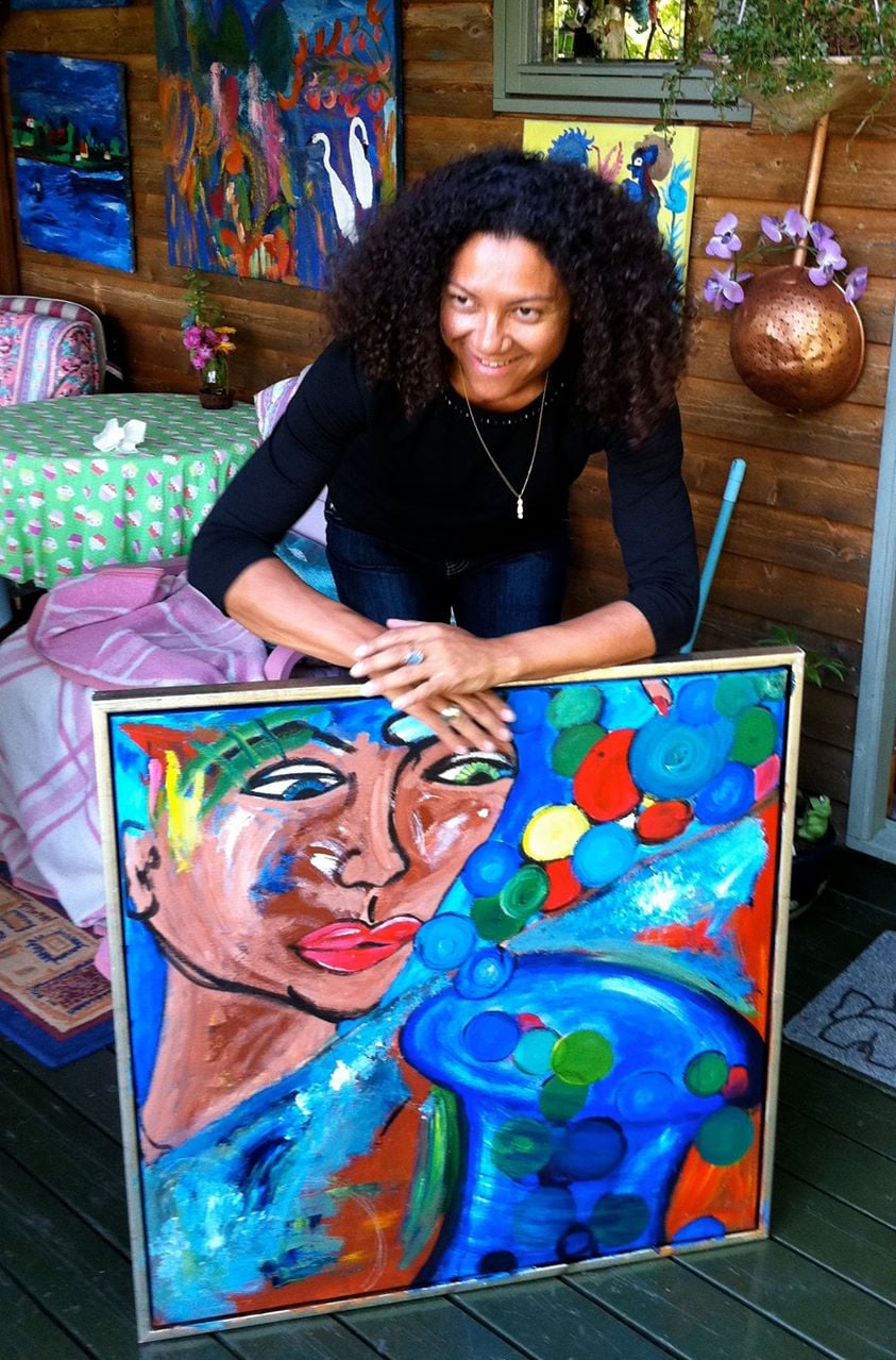 Me painting in our allotment house